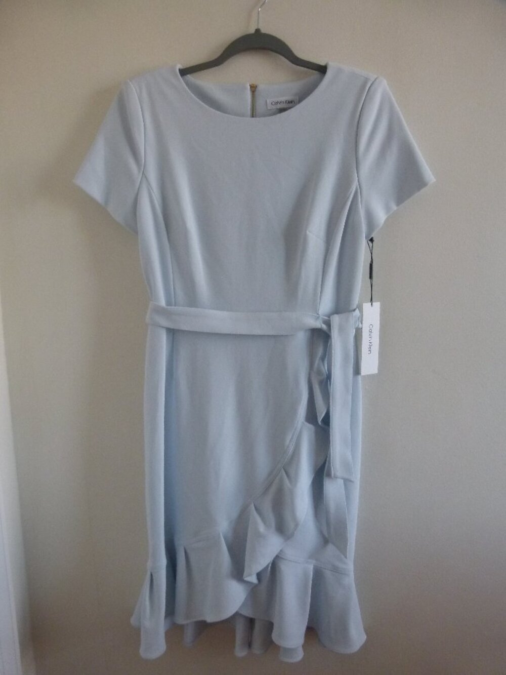 NWT Calvin Klein Short Sleeve Belted Ruffle Tulip Hem Dress - Baby Blue